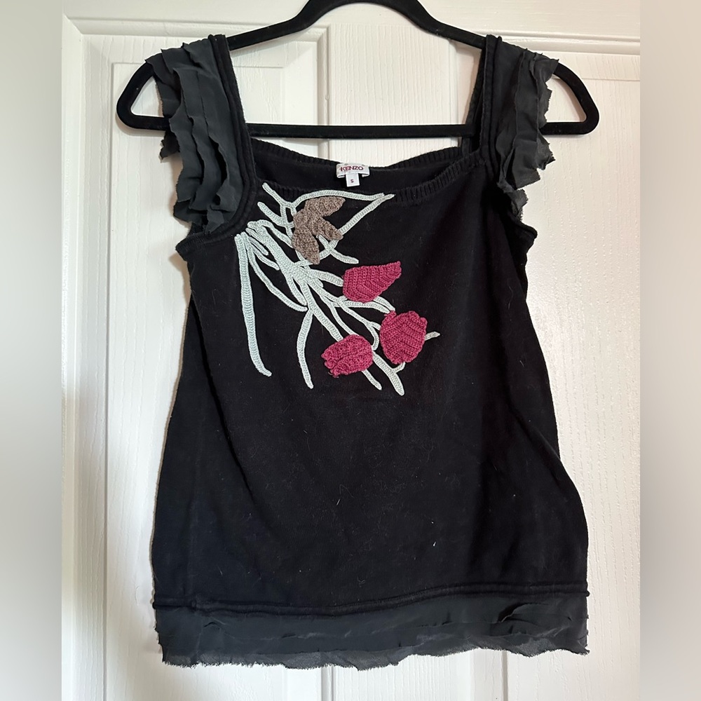 Kenzo crop top with strings and silk black ruffles.